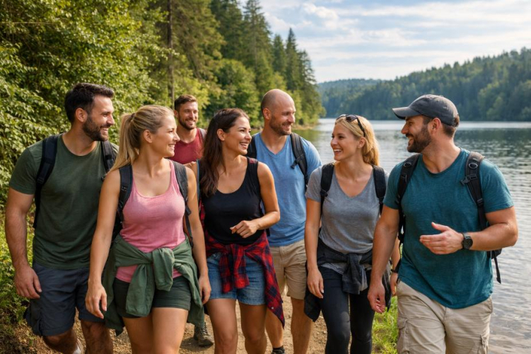 Grupa ljudi u tridesetima hoda uz jezero i razgovara tijekom planinarskog izleta za solo ljude