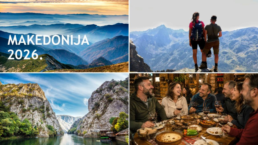 Kolaž fotografija s planinarskog putovanja u Makedoniji: planinski vidikovci, kanjon Matka, planinarenje i druženje u Skopju.